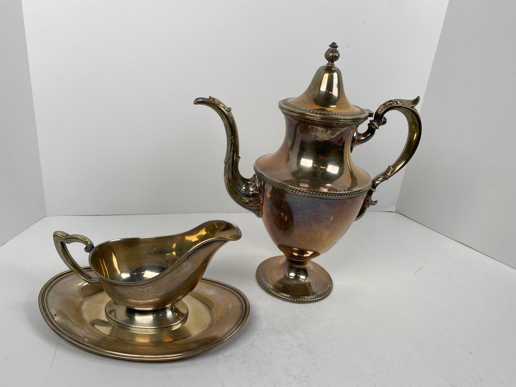 (3) Piece Set of Fisher Sterling Including Gadroon 2302 Coffee/TeaPot  296g, Fisher Gravy Boat 203.9g, and Matching Fisher Tray 179.3g