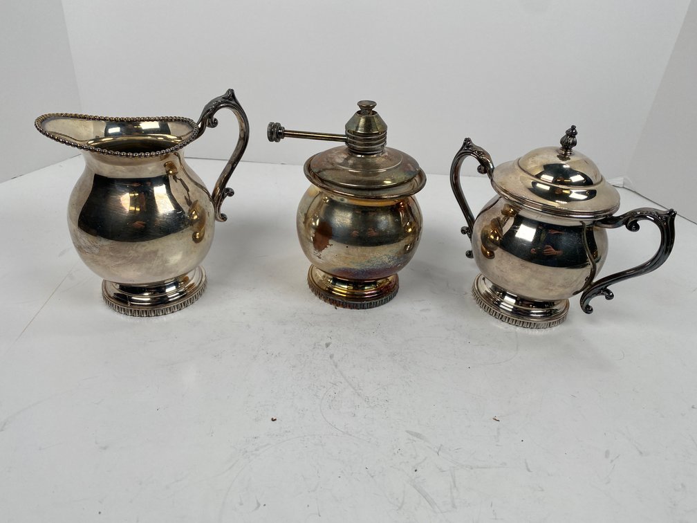 Collection of (3) FB Rogers Silver Company Cfreamer, Sugar Dish and Table Lighter Silver on Copper # 2351