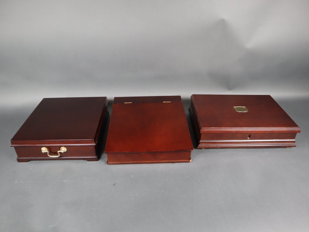 (3) The Bombay Co. Inc. Mahogany Lap/Desktop Writing Desk, Solid Cherry Wood Writing Desk, and Cherry Wood 12 Compartment Tea Chest Caddy
