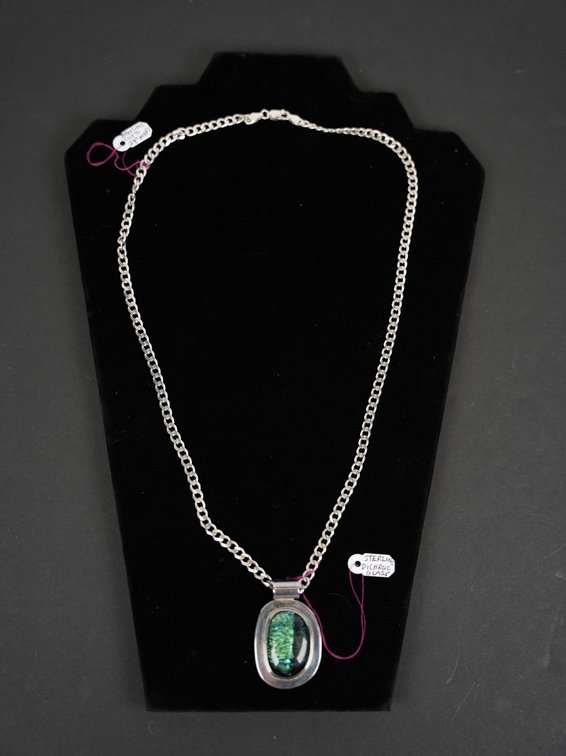 Stamped Sterling 24" Necklace with Sterling Dichroic Glass Pendant, 41.5g Approximate Weight