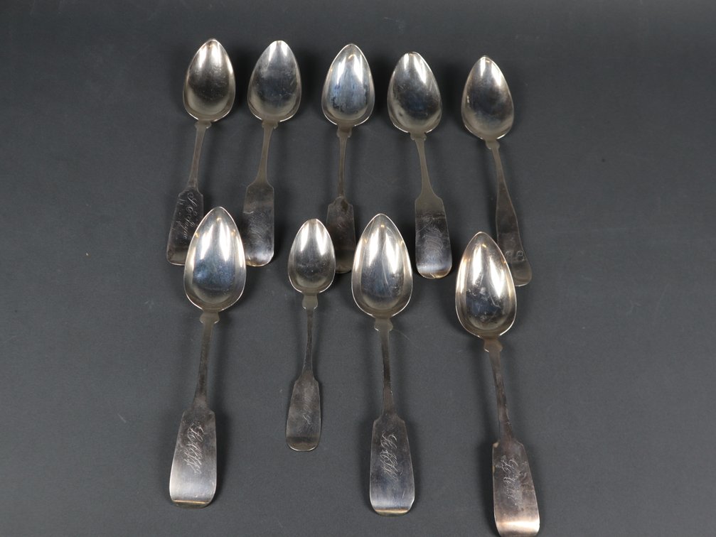 (9) Coin Silver Mixed Pattern Spoons by CS Willard, Chase & Tripp, A Handord, RH Trask and WN Root & Bros Approximately 415.1g