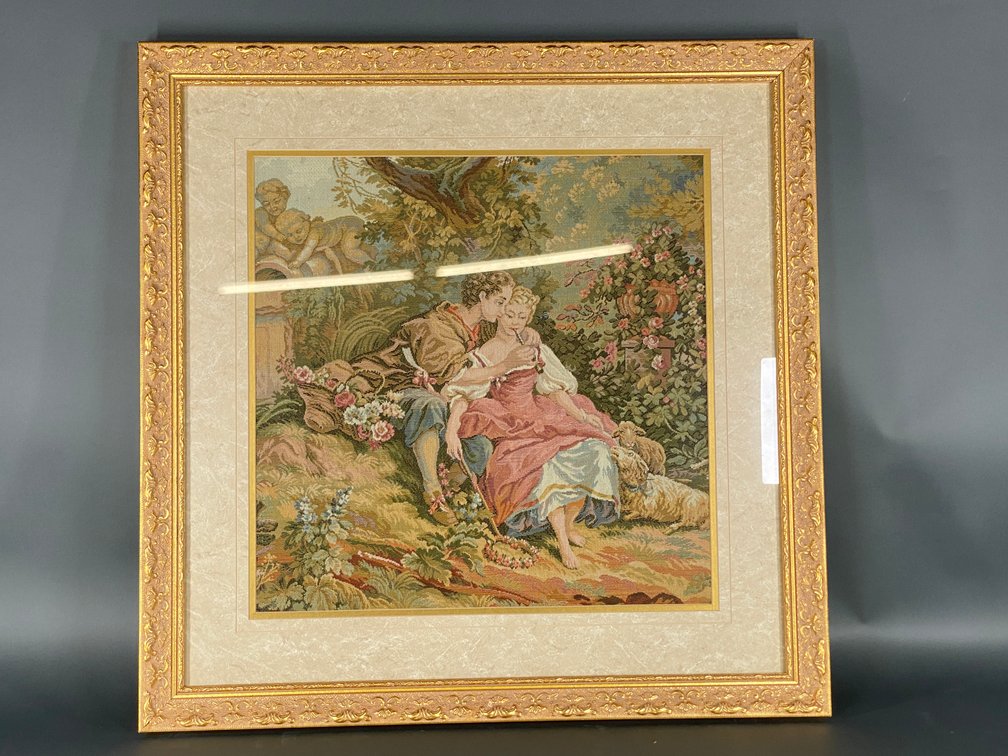 Antique Framed Aubusson France Style Tapestry of Courting Couple