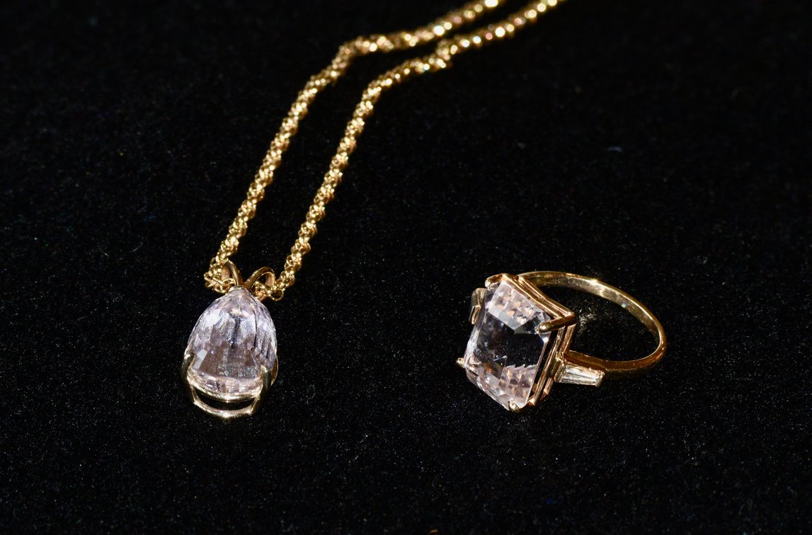 Handcrafted Kunzite and Diamond Ring and Kunzite Pendant