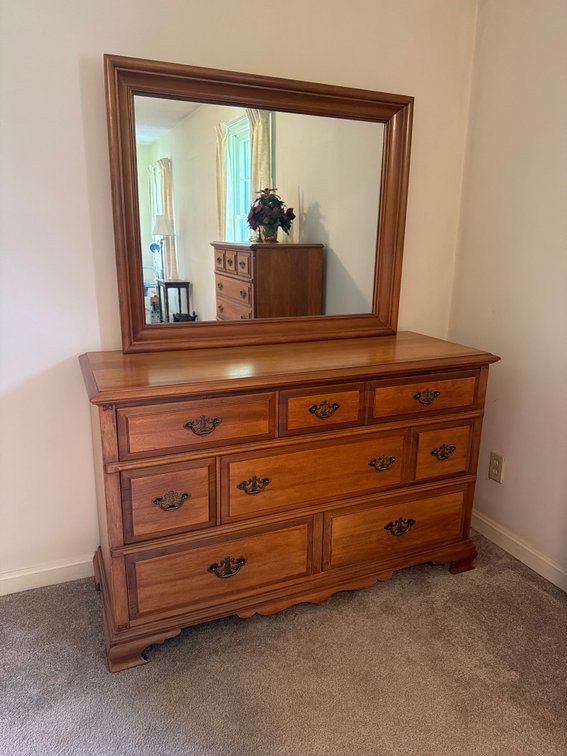 Bassett Furniture Company solid maple wood dresser with mirror