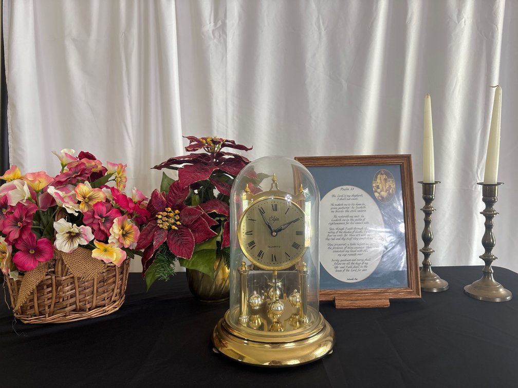 Elgin Quartz Clock, Psalm 23 Print, Candle Sticks, artificial flowers