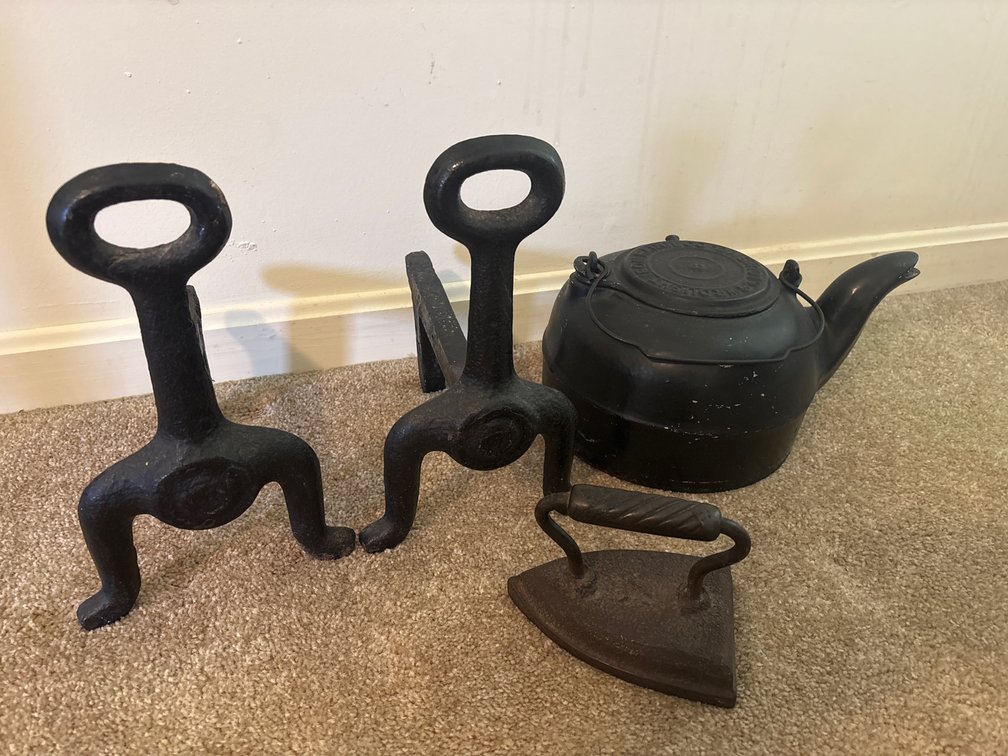 Wrought Iron Tea Pot, Iron, and Antique cast iron andiron