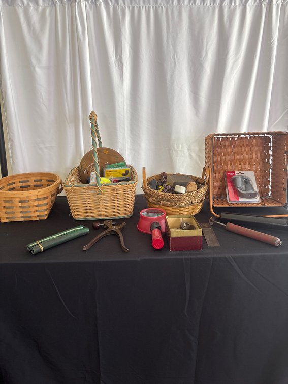 Assorted Household & Utility Lot with Baskets, Tools, Flashlights, and Miscellaneous Items