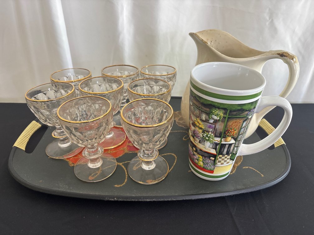 Serving Tray with 8 piece matching glassware, mug, small pitcher