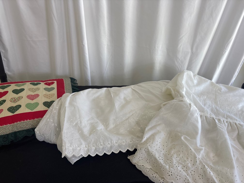 Eyelet Dust Ruffles and Christmas Pillow