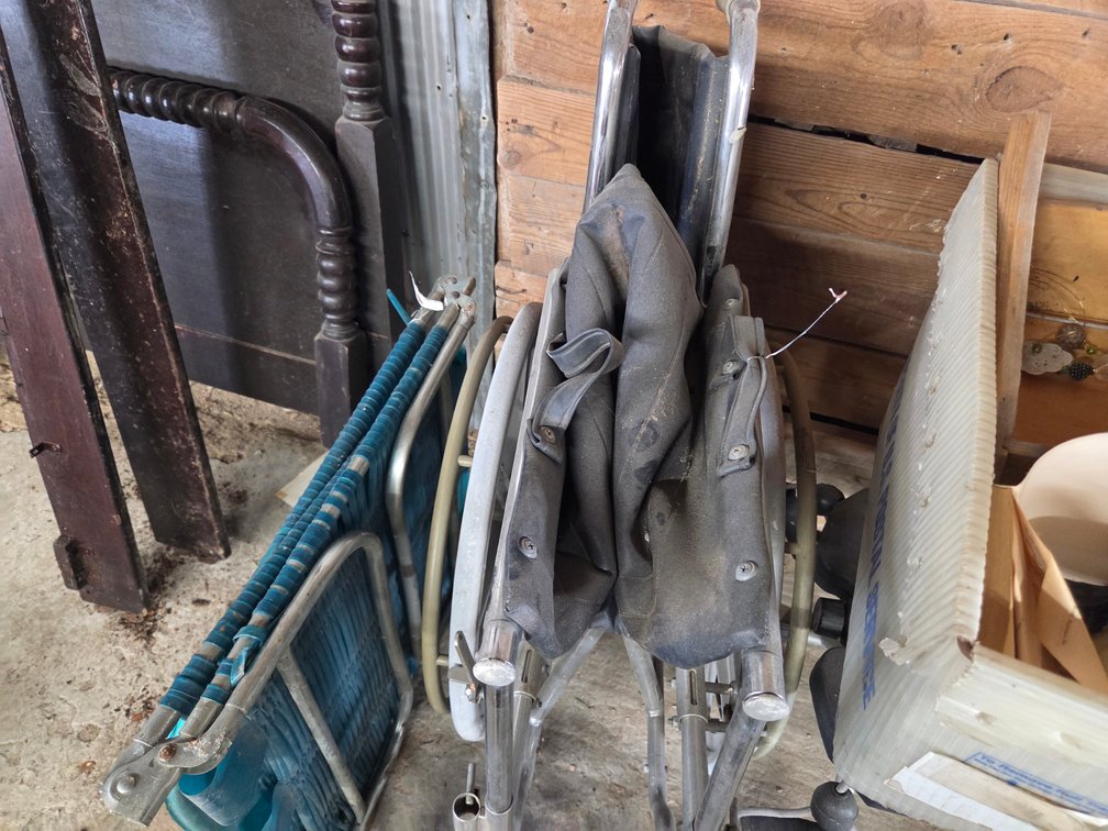 Wheel chair, exercise seat. Birdhouse and assorted items