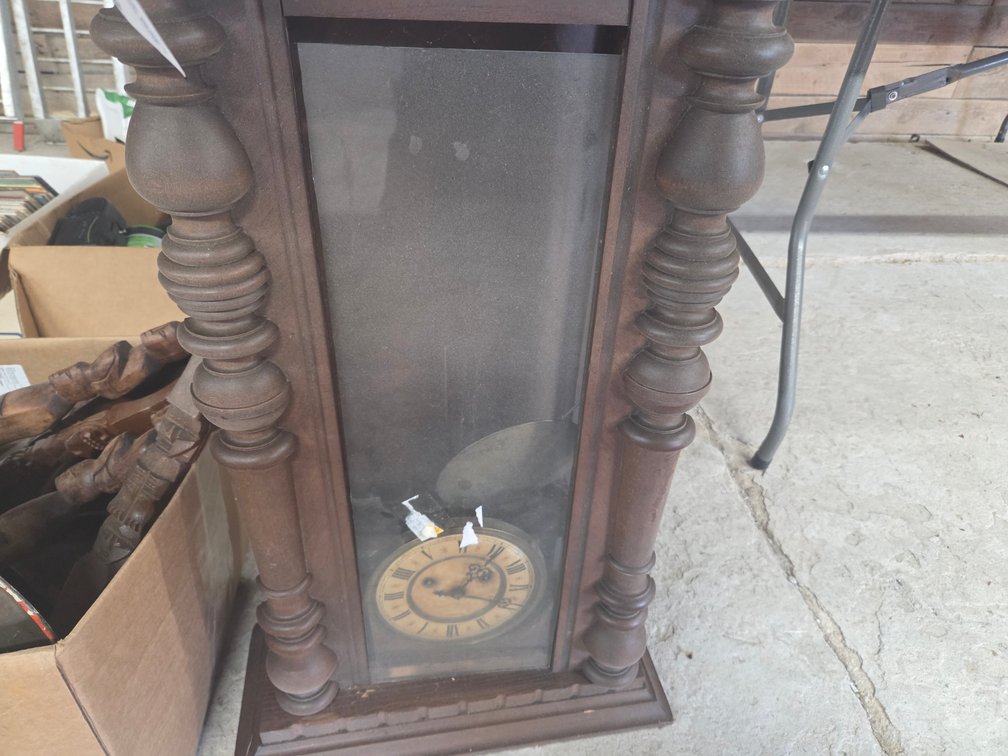 Clock(parts only), box with large wooden spoons, forks and tines