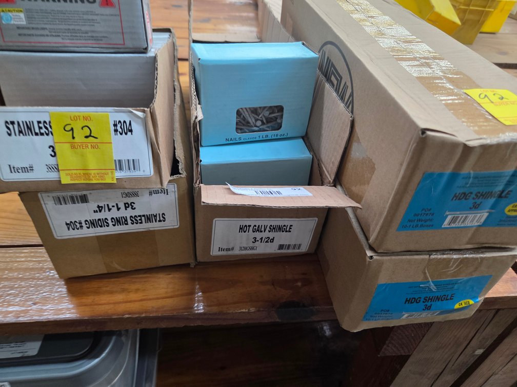 Siding nails (10 boxes)  Shingle nails (10 boxesf)