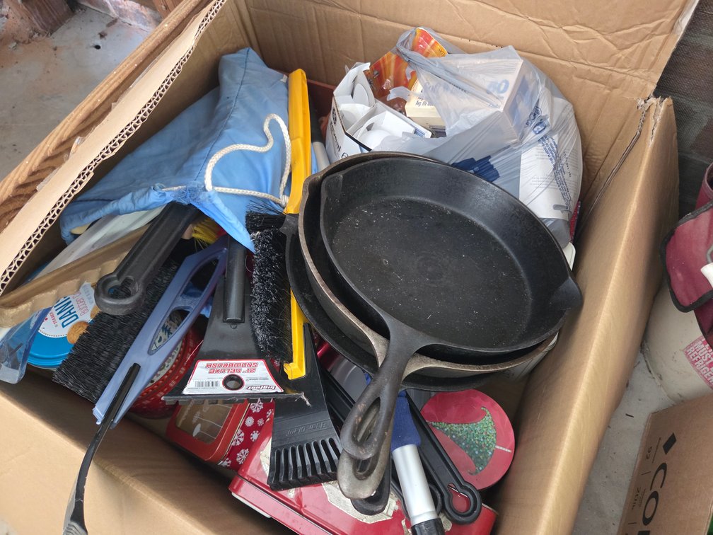 Shoe Organizers, Cast Iron Pans, Brushes, Picture Frame, Assorted Boxes