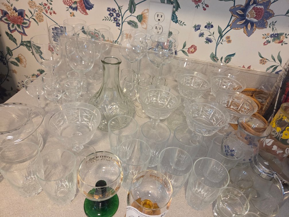 Decanter and Assorted Glassware, coasters