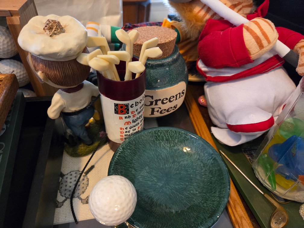 Assorted Golf Themed Items  - golf balls, stuffed gold animals, St Andrews playing cards