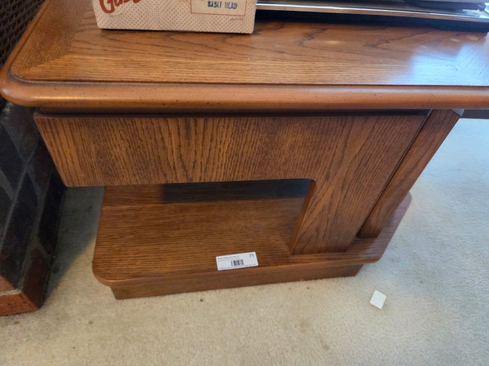 Wood End Table, 2 Lamps, Picture Frames