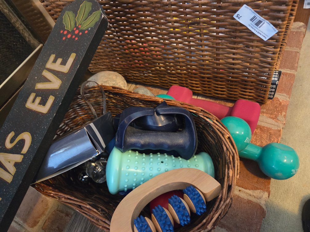 Exercise Items, Christmas Eve Wall Hanging, Carbon Monoxide Monitor (New), Iron Crosby Hanging