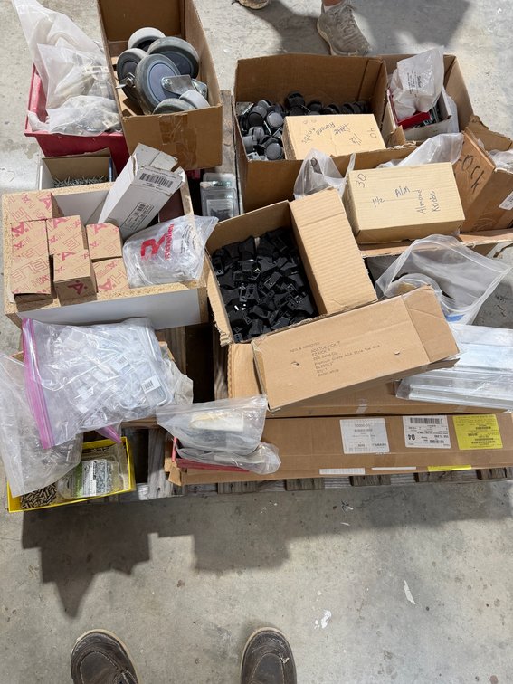 Pallet of Building Supplies - Hinges, Screws, Casters