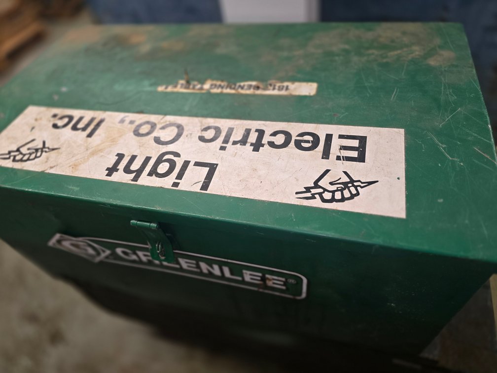 small Greenlee metal jobox & wooden roll cart