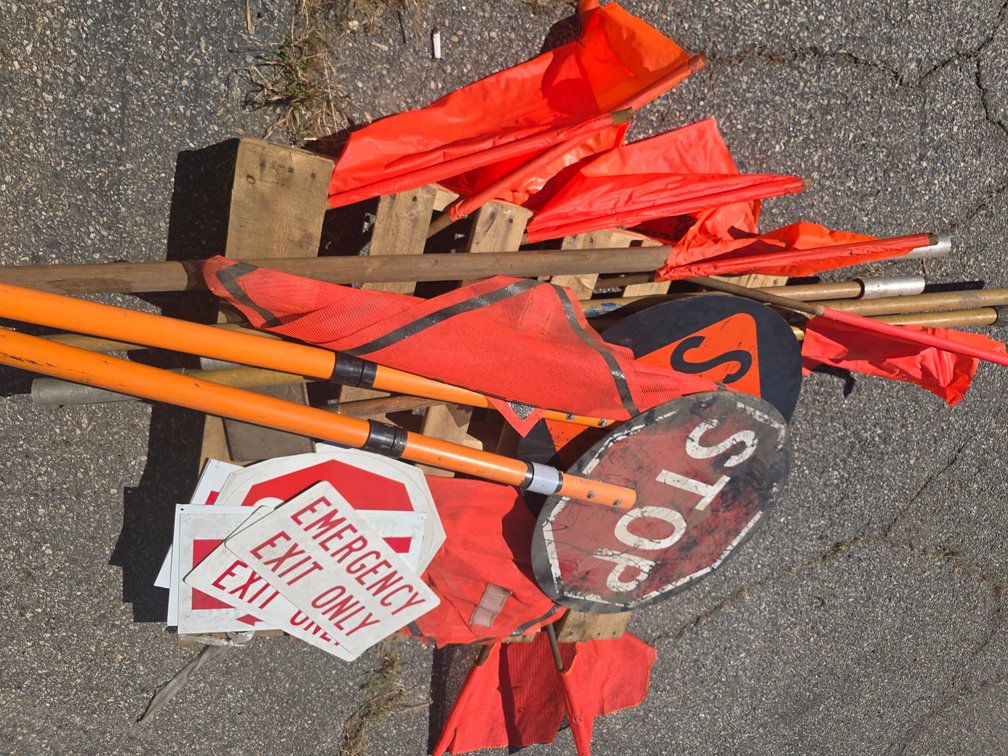 pallet of road flagging equipment