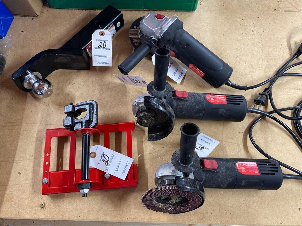(3) DRILL MASTER 4.5" ANGLE GRINDERS-2' DROP BALL MOUNT HITCH-CHAINSAW GUIDE