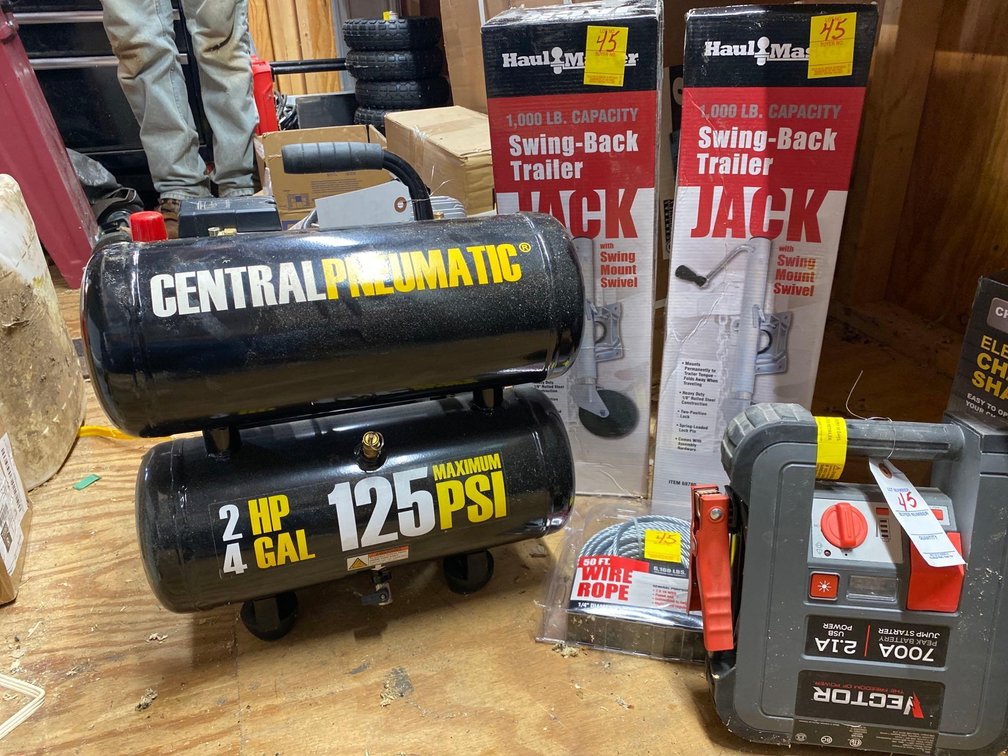 (2) SWING BACK TRAILER JACKS-AIR COMPRESSOR-JUMP STARTER