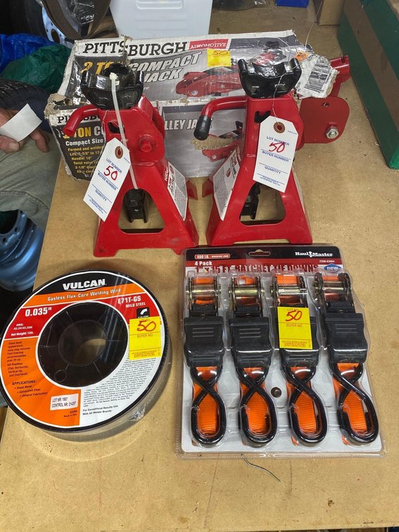 VULCAN CORDLESS FLUX CORE WIRE WELDER (???)RATCHET TIE DOWNS-TROLLEY JACK-JACK STANDS