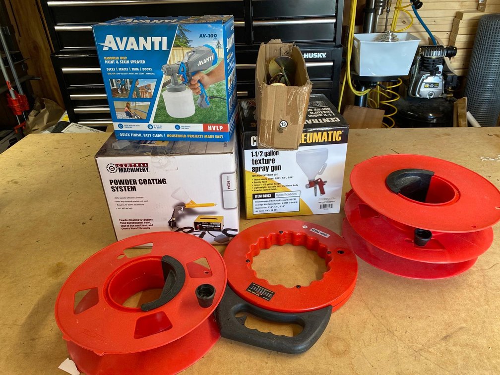 CENTRAL MACHINERY POWDER COATING SYSTEM, CENTRAL PNEUMATIC 1-1/2 GALLON TEXTURE SPRAY GUN, AVANTI HANDHELD HVLP PAINT AND STAIN SPRAYER, EXTENSION CORD REELS, 100" FISH TAPE, SCREW-IN TIE DOWNS