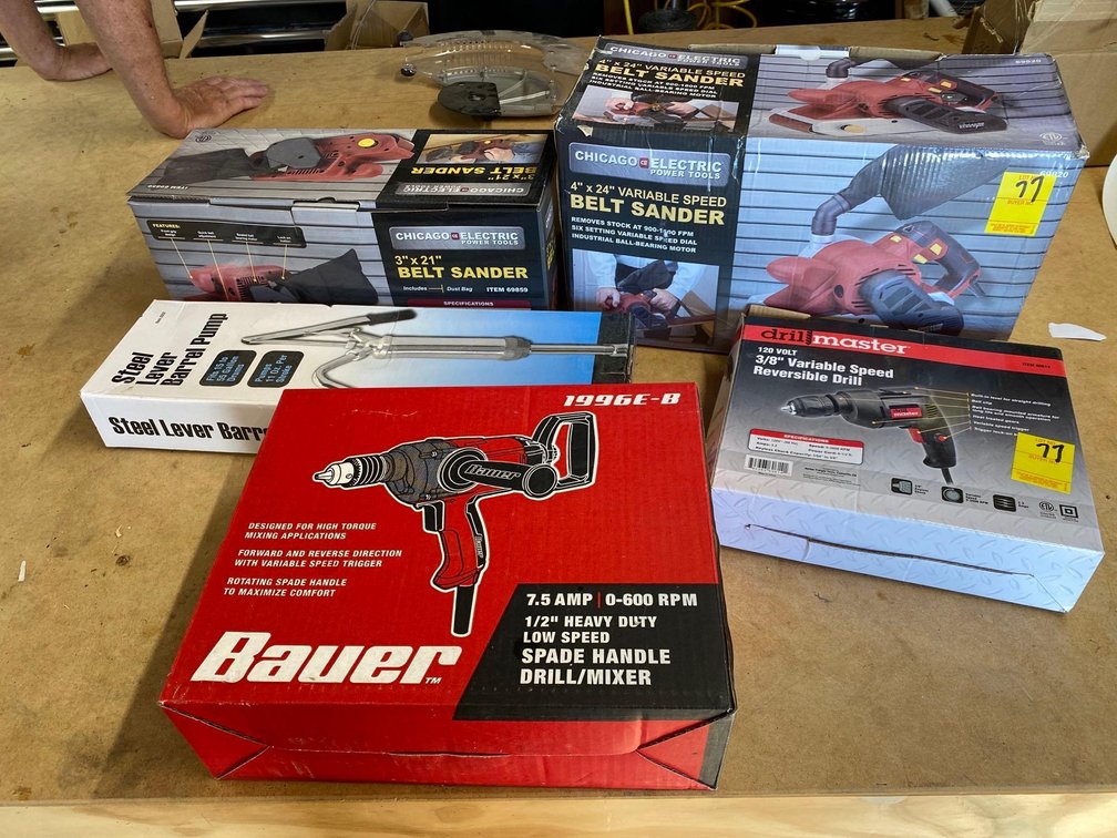 BELT SANDER-VARIOUS SPD BELT SANDER- HANDLE/DRILL MIXER-LEVEL BARREL PUMP