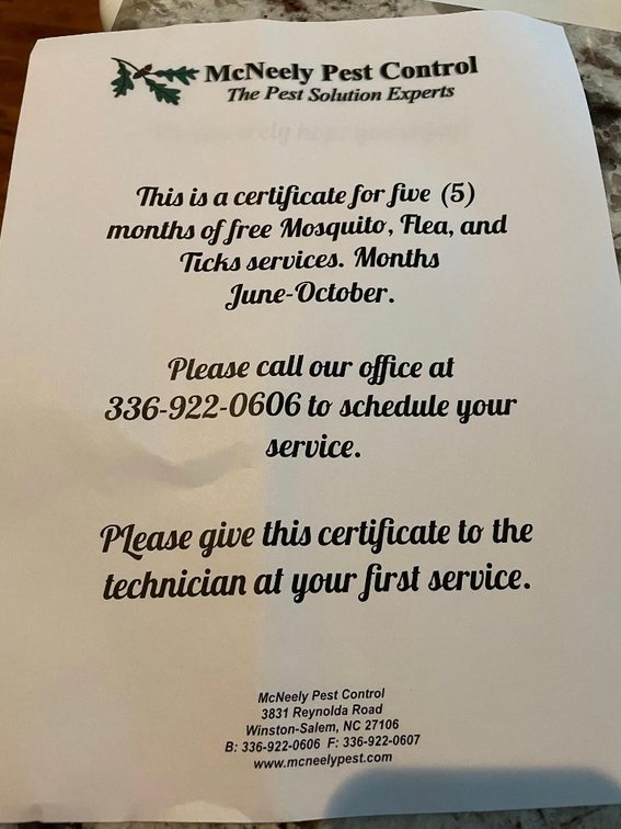 5 Month Mosquito, Tick, and Flea Treatments Gift Certificate - Donated By McNeely Pest Control