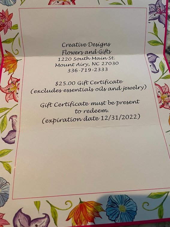 $25 Gift Certificate - Donated By Creative Designs