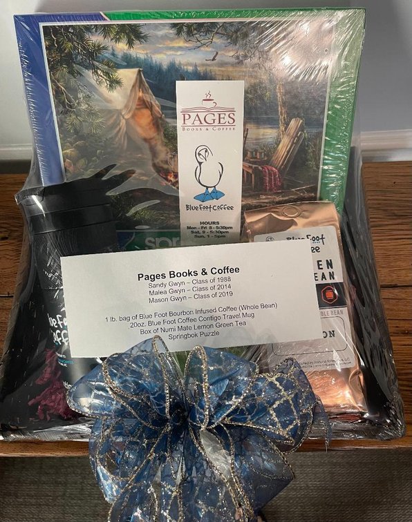Gift Basket including Coffee Thermos, BlueFoot Coffee, and Puzzle - Donated By Page's Book Store