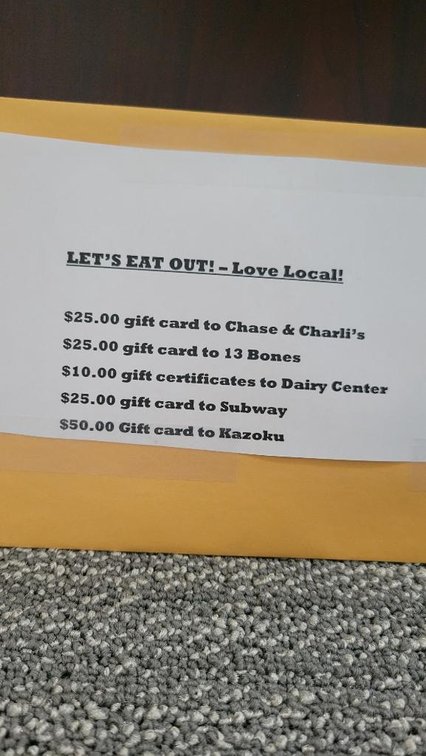 Eat Local Gift Card Package - $25 Chase & Charli's, $25 13 Bones, $10 Dairy Center, $25 Subway, $50 Kazoku