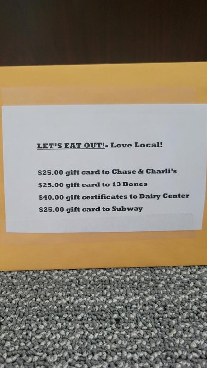 Eat Local Gift Card Package - $25 Chase & Charli's, $25 13 Bones, $40 Dairy Center, $25 Subway