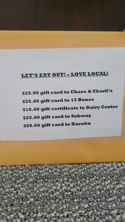 Eat Local Gift Card Package - $25 Chase & Charli's, $25 13 Bones, $10 Dairy Center, $25 Subway, $50 Kazoku