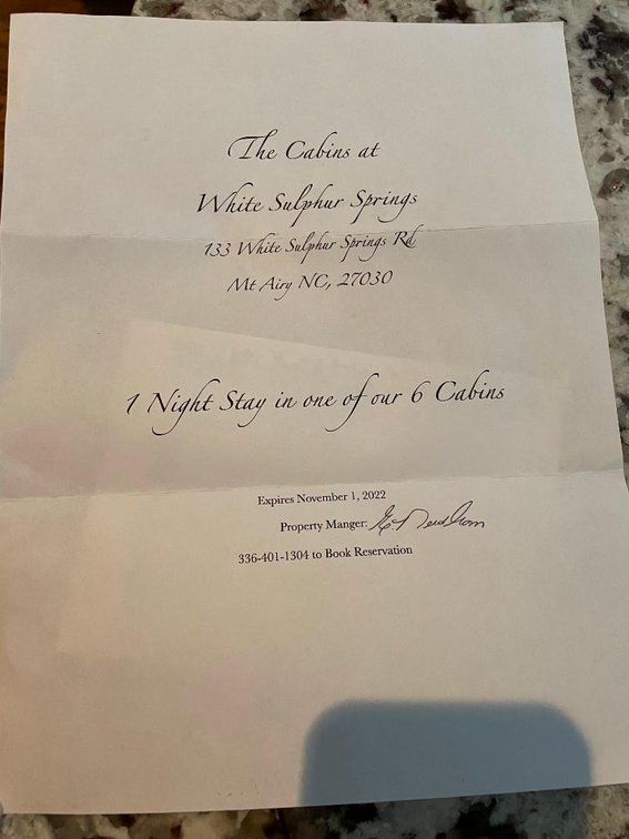 1 Free Night Stay in one of White Sulphur Springs' 6 Cabins - Expires November 1, 2022 - Donated By White Sulphur Springs