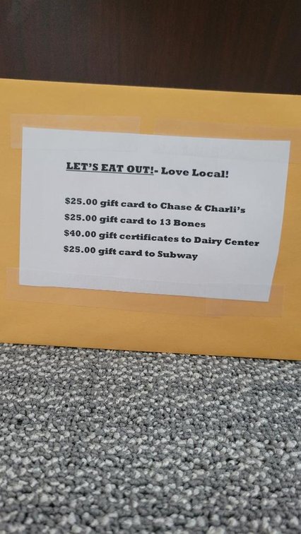 Eat Local Gift Card Package - $25 Chase & Charli's, $25 13 Bones, $40 Dairy Center, $25 Subway