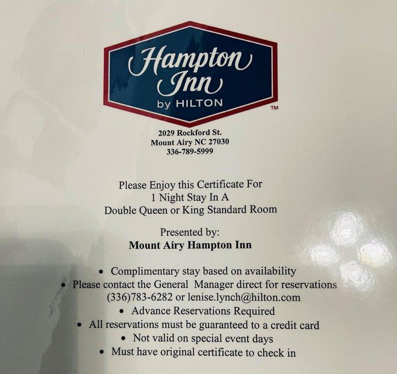 1 Night Stay in Double, Queen, or King Standard Room based on Availability (Advanced Reservations Required) - Donated By Hampton Inn of Mount Airy