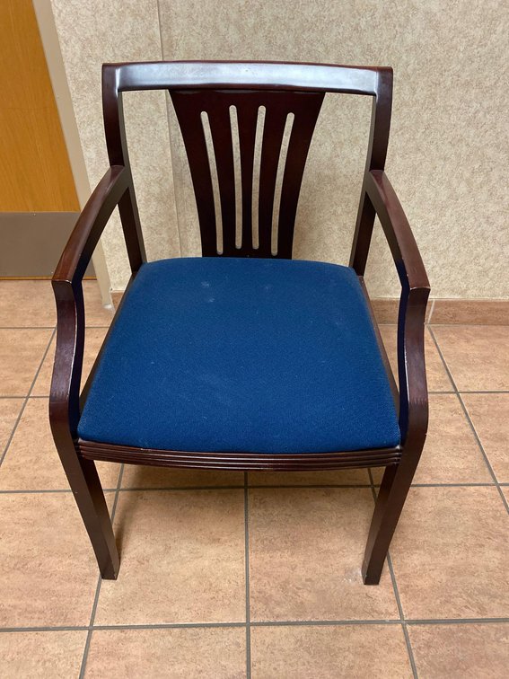 WOODEN CHAIR W BLUE SEAT