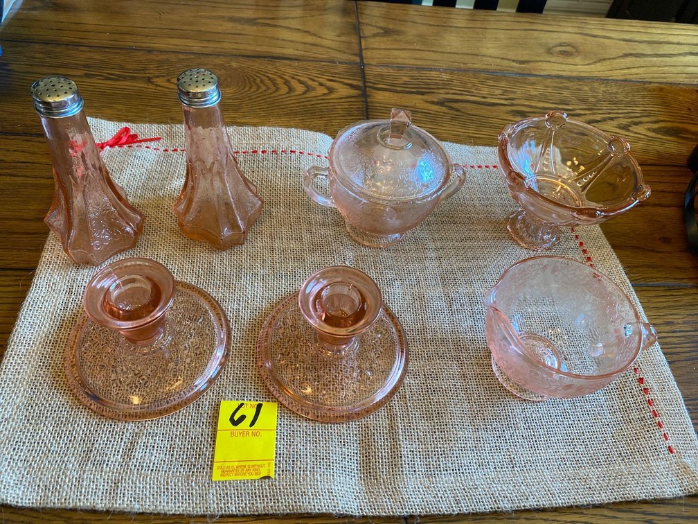 PINK DEPRESSION GLASS: SALT N PEPPER-CANDLEHOLDERS-SUGAR-MISC