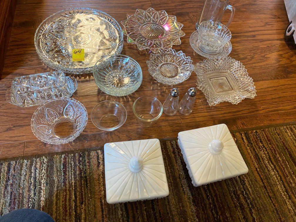 GLASSWARE: PLATTERS-BUTTER DISH-SALT/PEPPER-MINT BOWLS- 2 MILK GLASS DISHES/LIDS