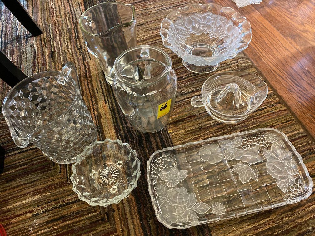 GLASSWARE: PLATTER-PITCHERS-JUICER-MISC.