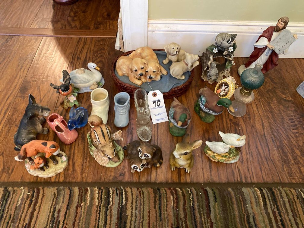 FIGURINES: DOGS-RABBITS-RACOON-SHOES-DUCKS-MISC