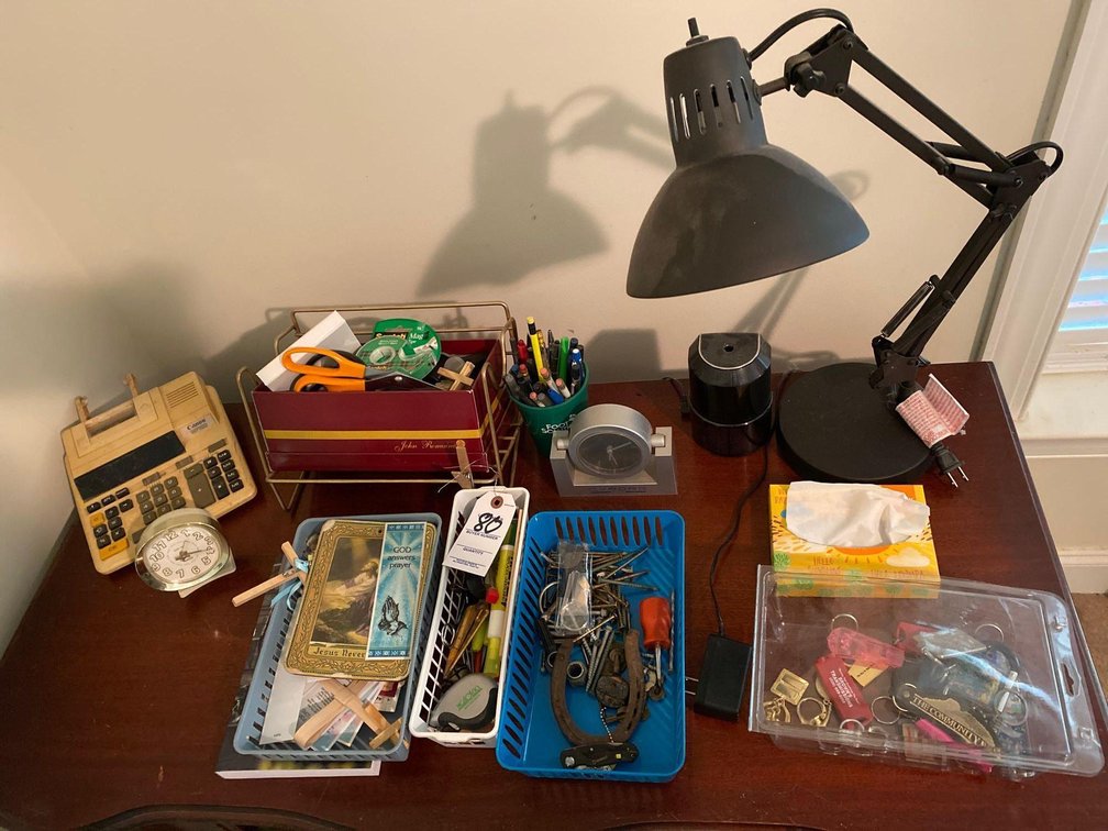 DESK LAMP-TAPE-PENCILS-SCISSORS-MISC DESK ITEMS