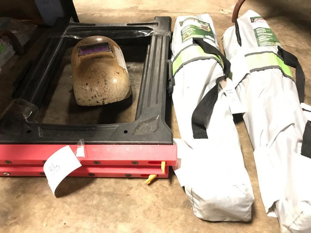 Saw Buck, 2 Coleman Chairs, Welding Helmet & Lot 135, 163, 164