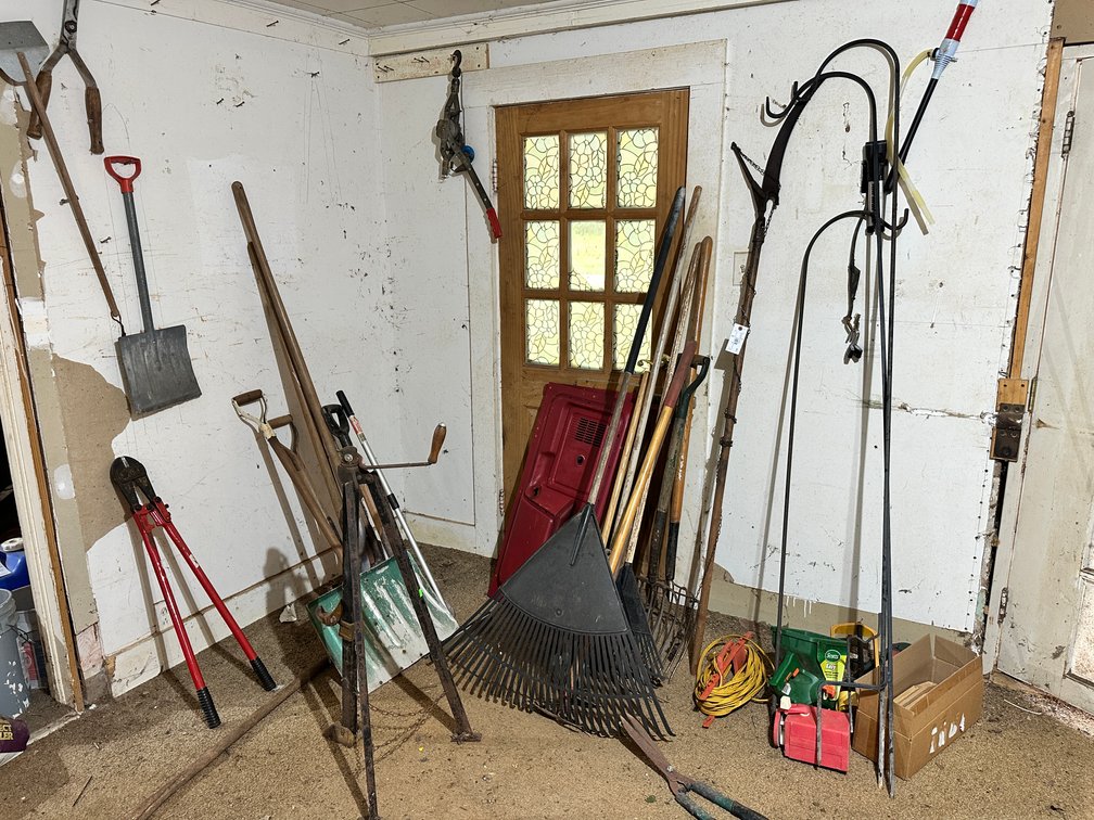 Assorted Yard Tools and large bolt cutter