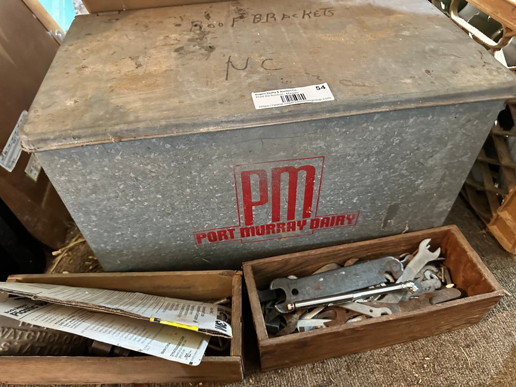 Port Murray Dairy metal box and assorted tools and parts