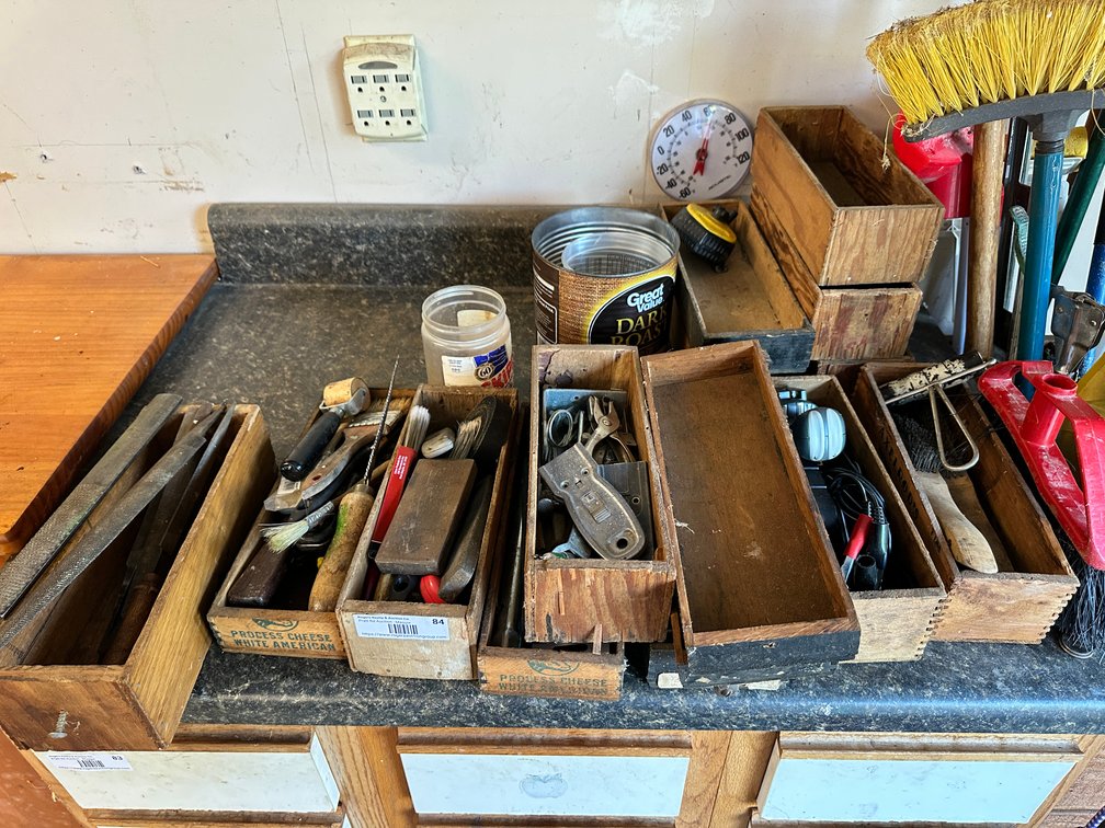 Assorted wooden boxes and tools