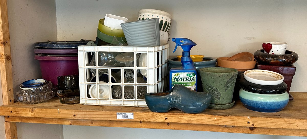 Contents of shelf- pots, glassware, ashtrays 