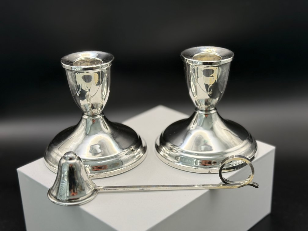Sterling candlesticks & snuffer
